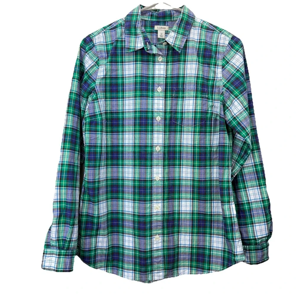LL Bean Green Blue‎ Plaid Cotton Poplin Button Up Shirt Size XS